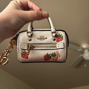 Coach Cream Mini Satchel Keychain with Strawberry Print